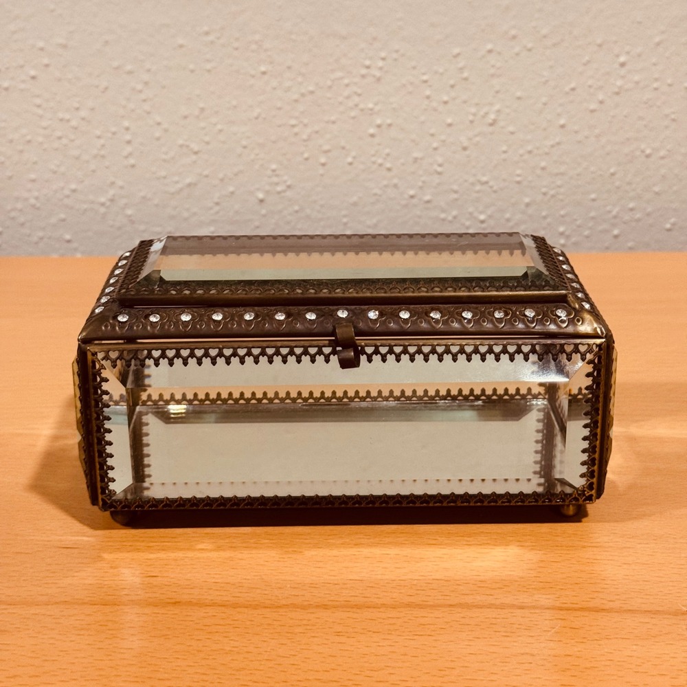 Nicole Miller Jewelry Box Women Gold Glass Beveled Rhinestone Vintage Style